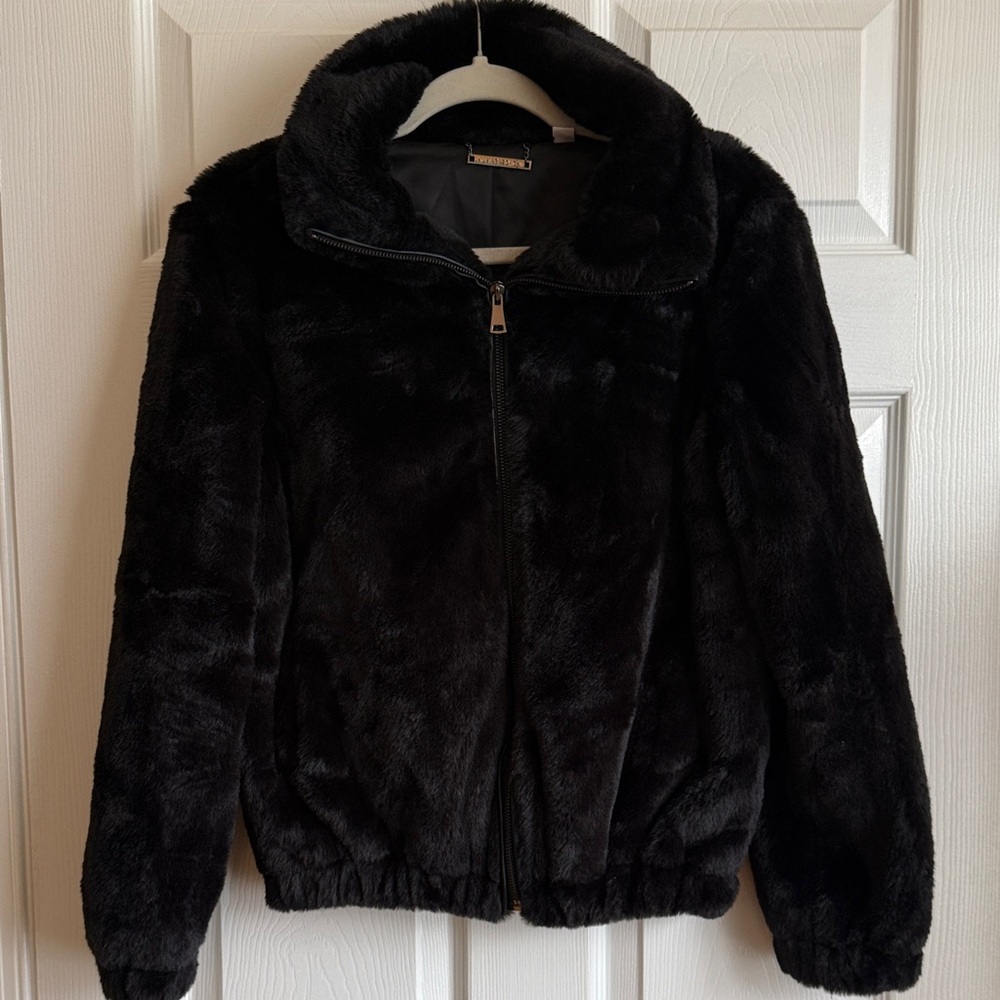Black Faux Fur Jacket with Pockets